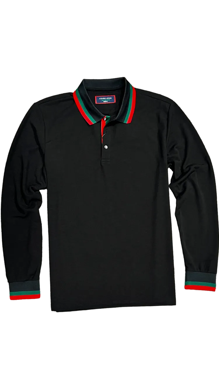 Men's Black long sleeve polo Green and Red Collar