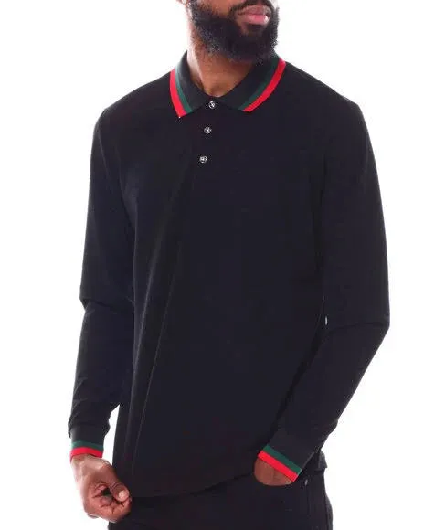 Men's Black long sleeve polo Green and Red Collar