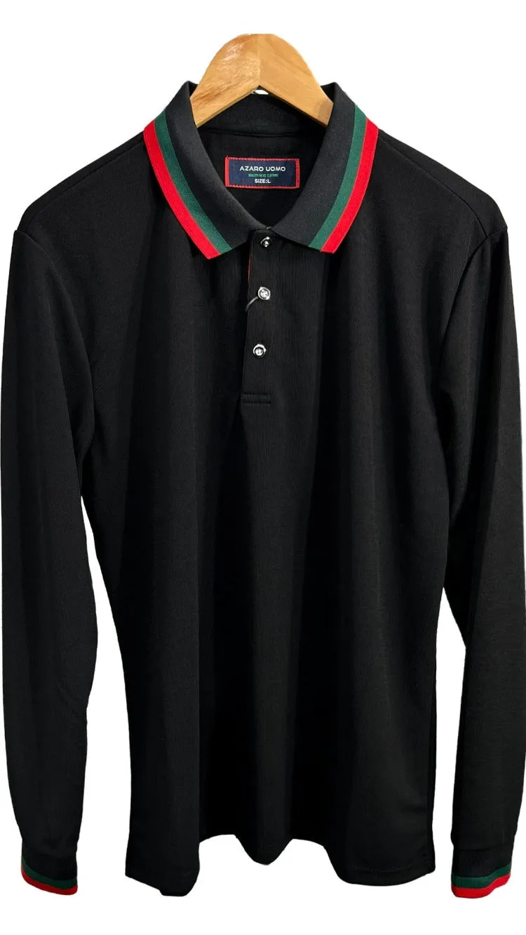 Men's Black long sleeve polo Green and Red Collar