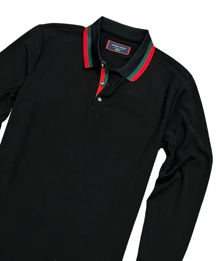 Men's Black long sleeve polo Green and Red Collar