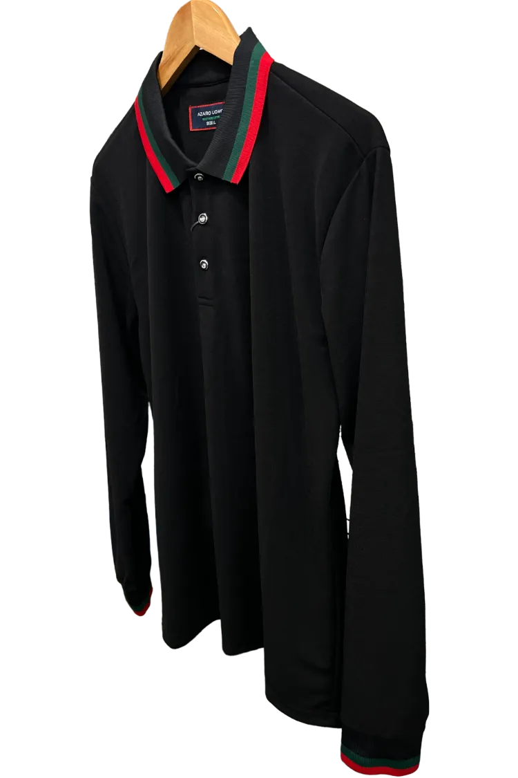 Men's Black long sleeve polo Green and Red Collar