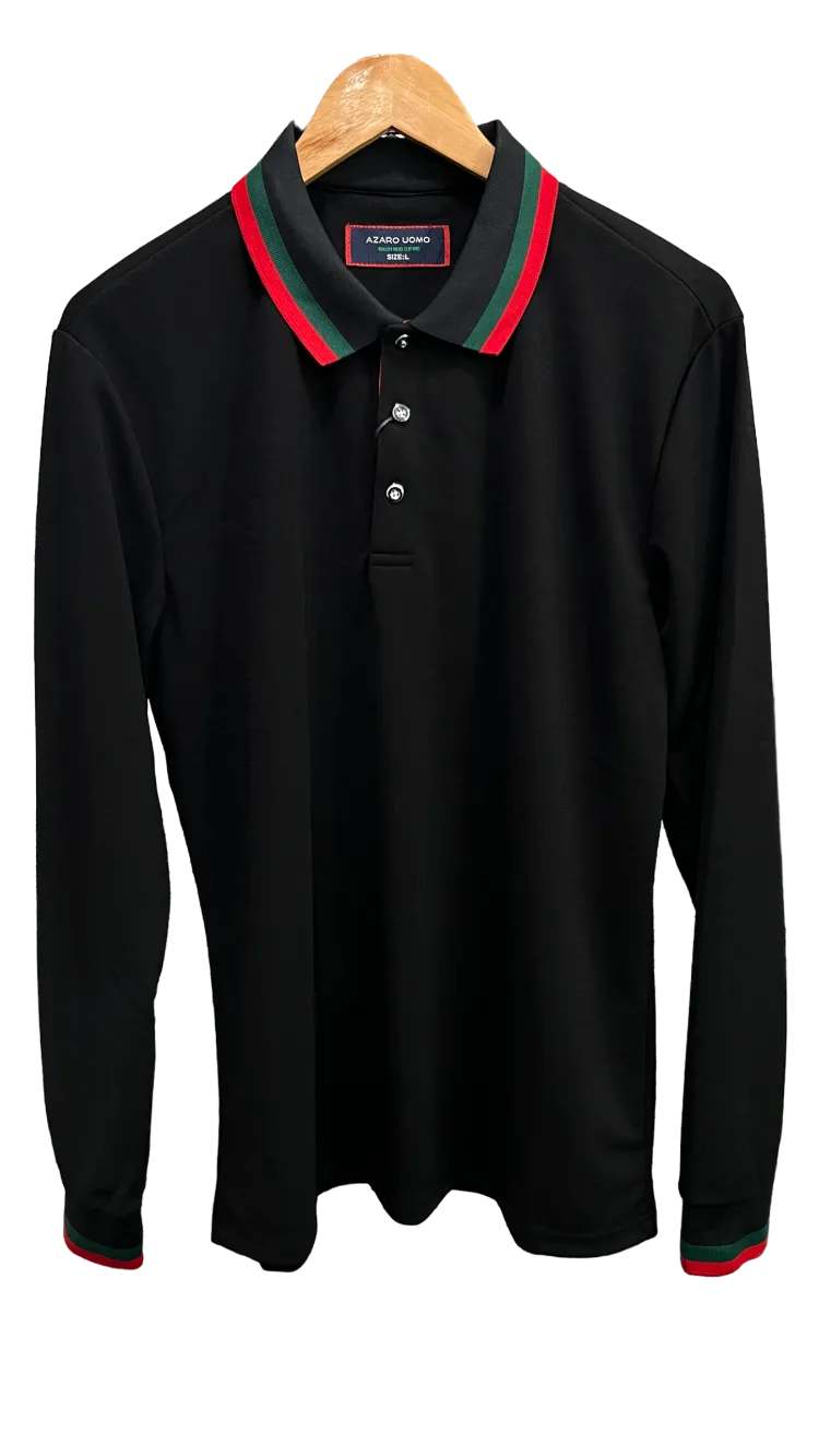 Men's Black long sleeve polo Green and Red Collar