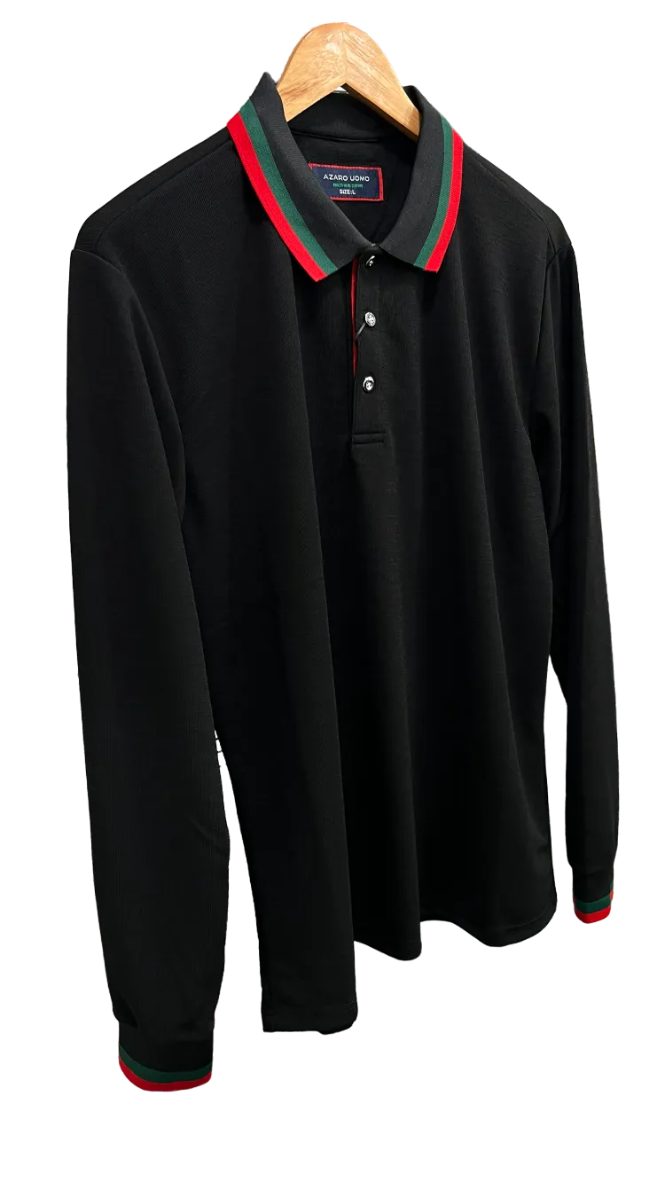 Men's Black long sleeve polo Green and Red Collar