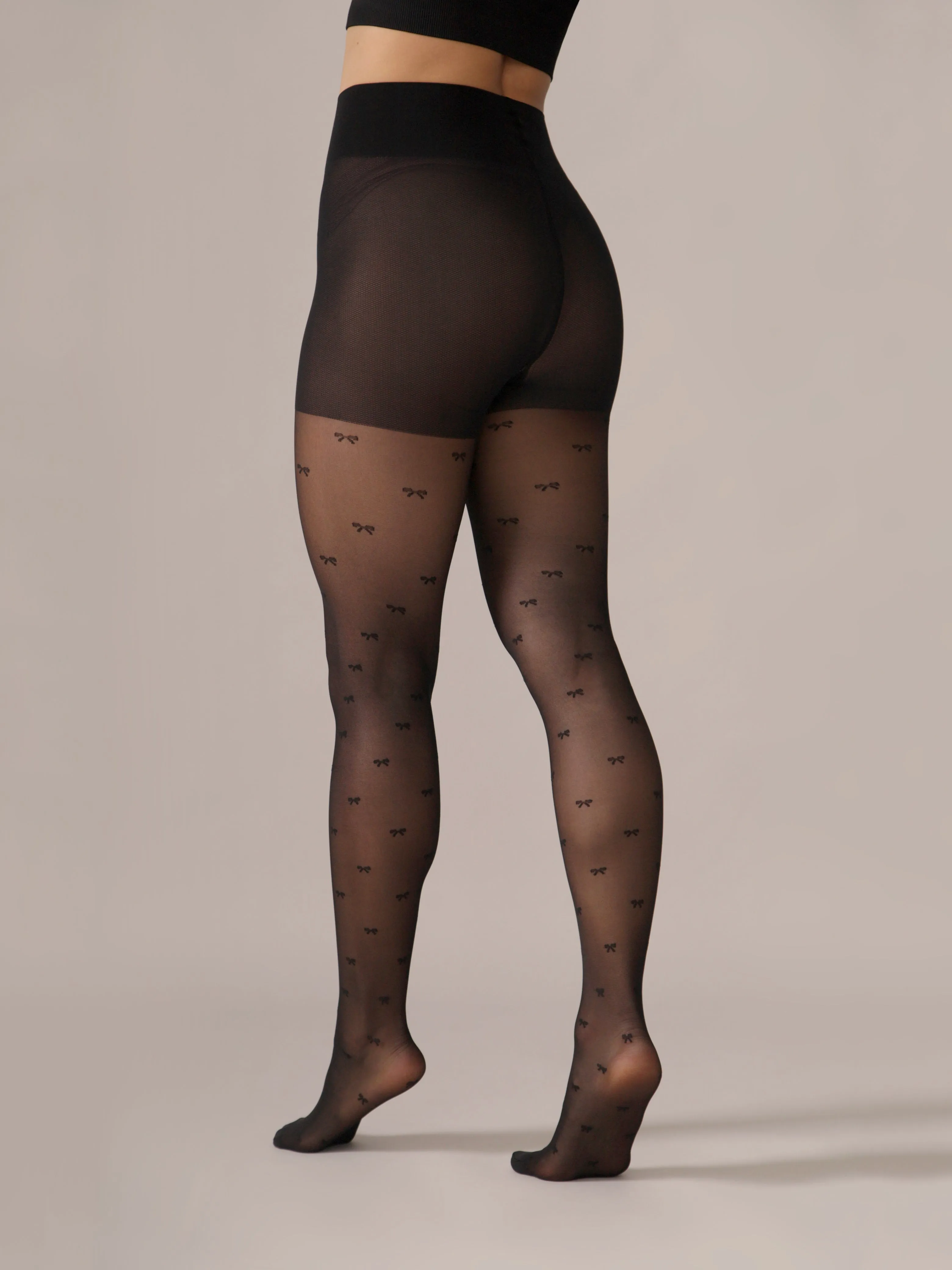 Micro Bow Pattern Smoothing Waistband Tights in Black