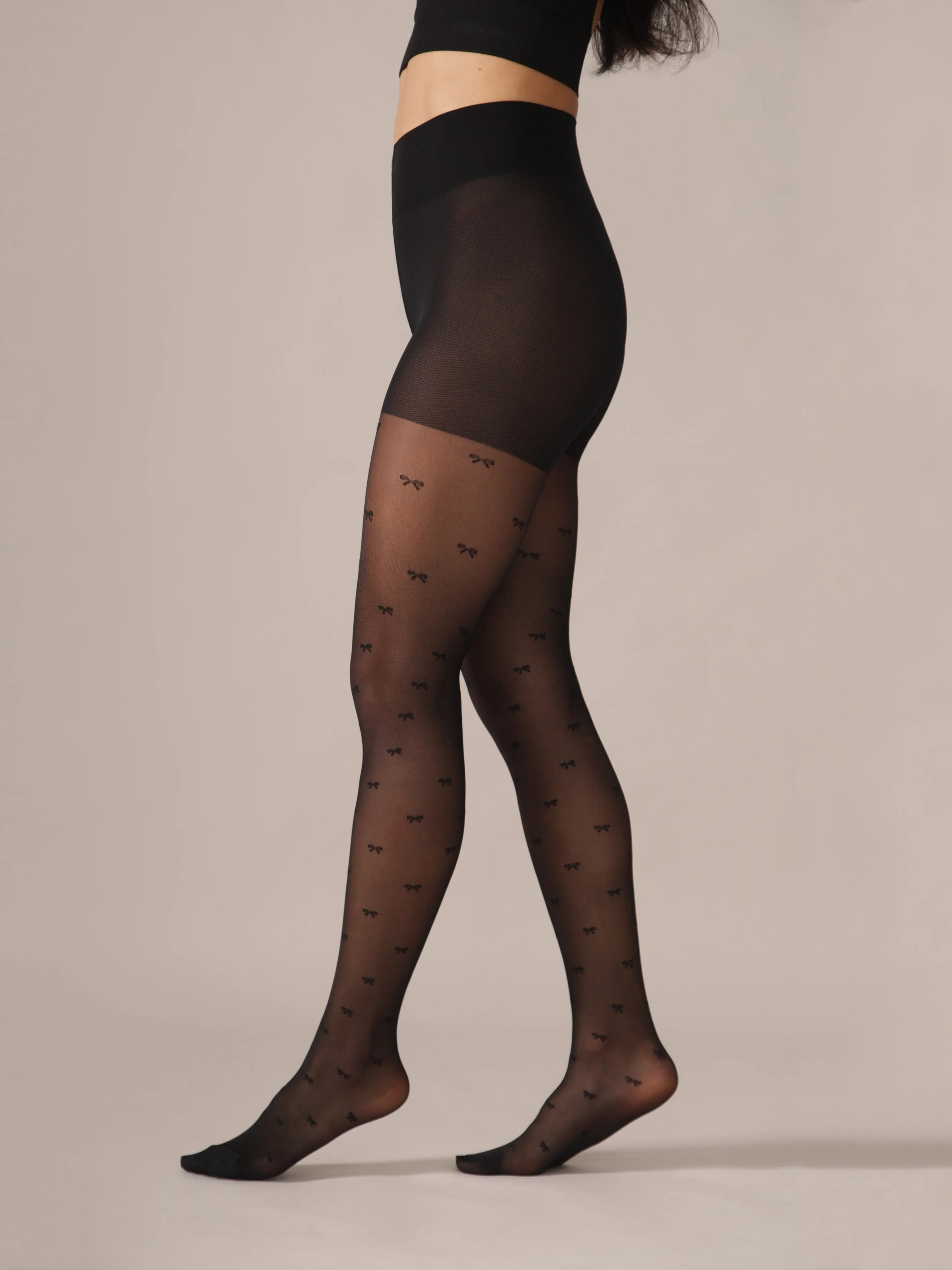 Micro Bow Pattern Smoothing Waistband Tights in Black