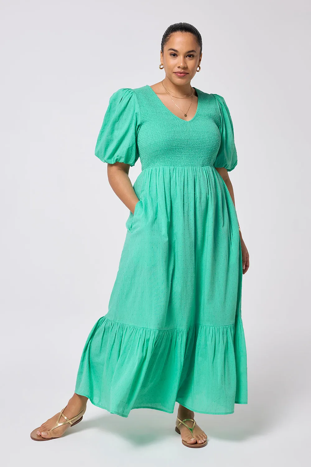 Mint Green Dobby Self Stripe Shirred Puff Sleeve Maxi Dress