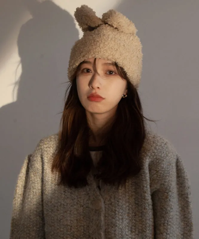 Modern White Rabbit Ears Warm Knit Bonnie Hat LY538