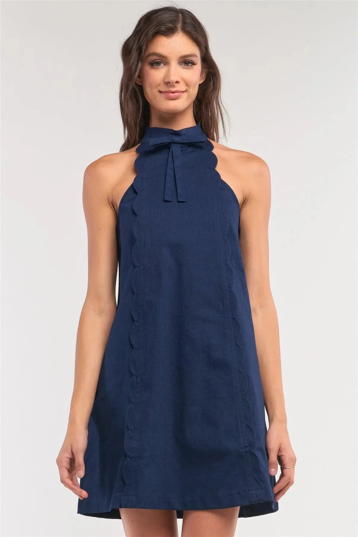 Navy Sleeveless Bow Halter Neck Scallop Hem Detail Denim Mini Dress /1-2-1