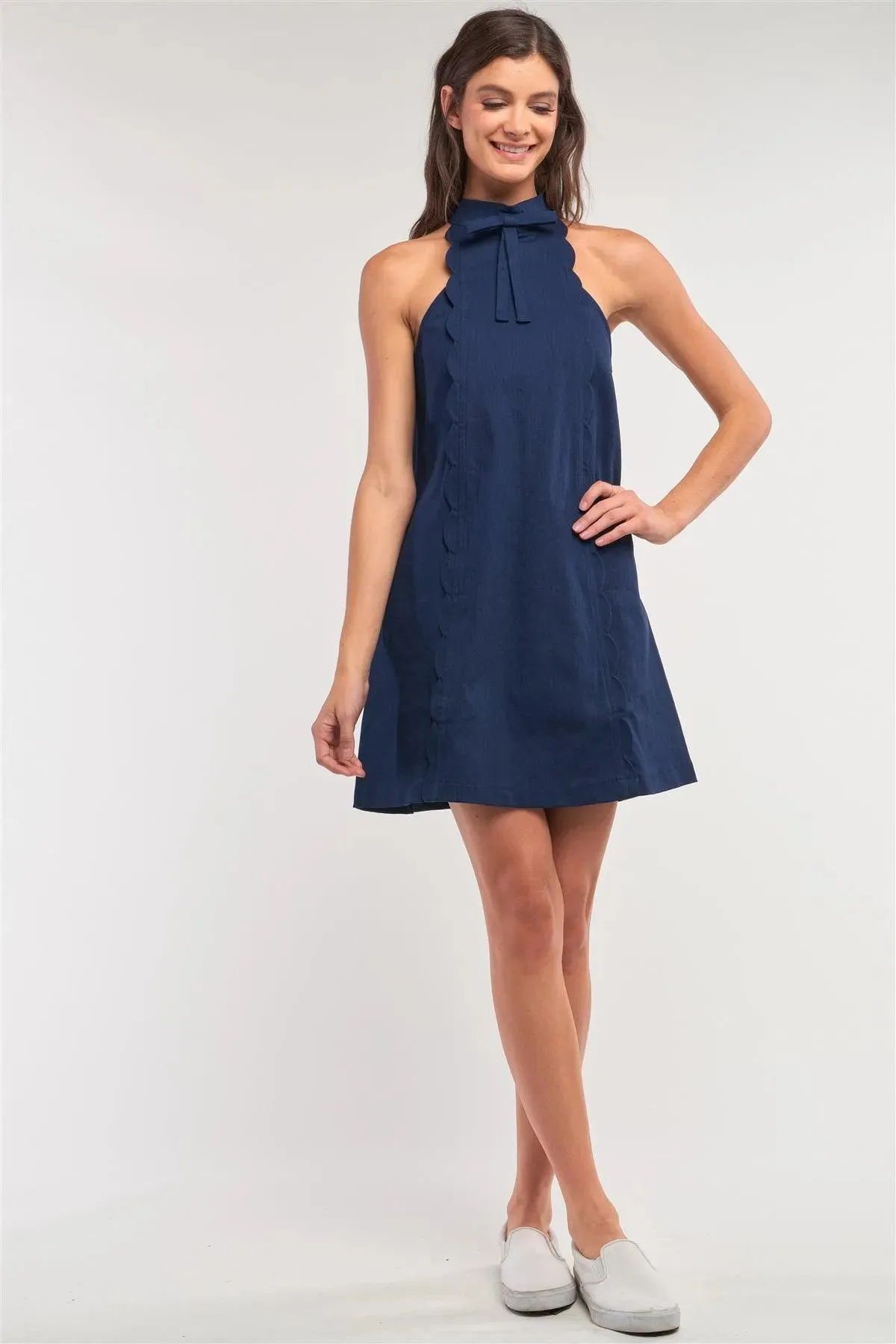 Navy Sleeveless Bow Halter Neck Scallop Hem Detail Denim Mini Dress /1-2-1