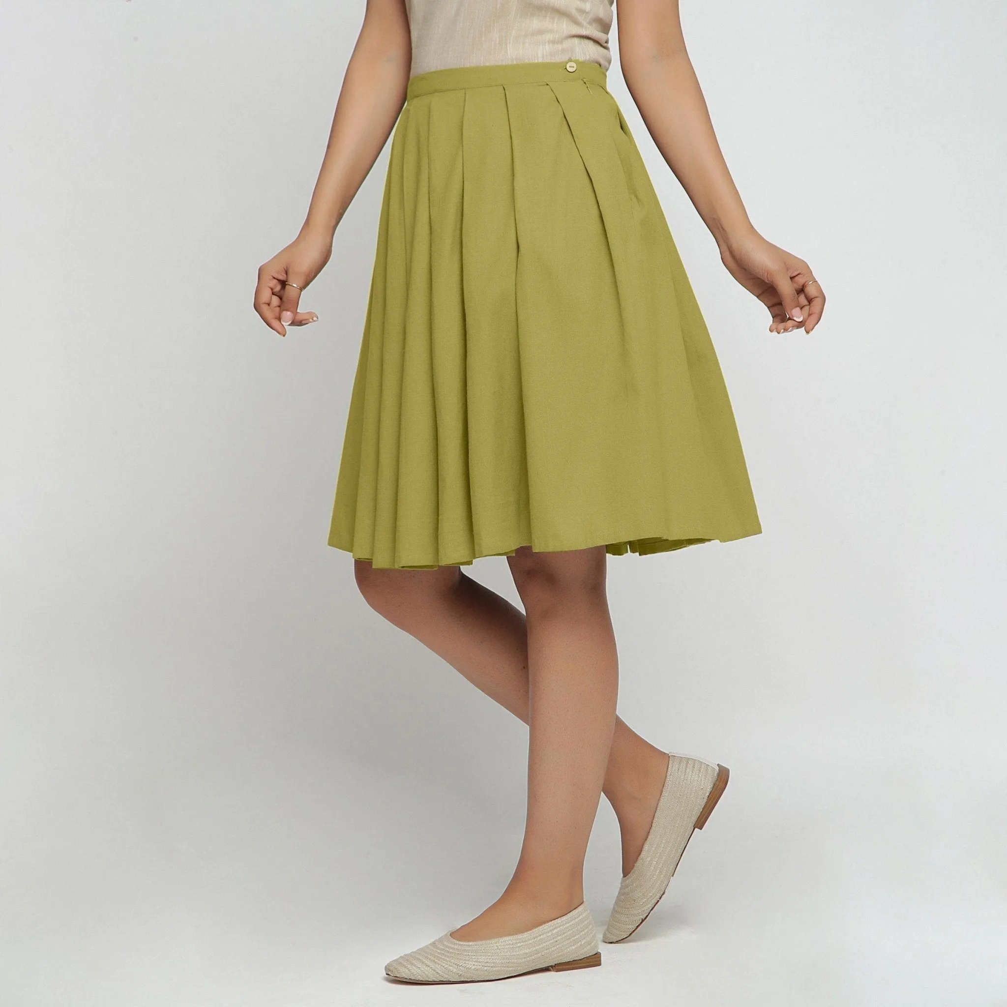 Olive Green Cotton Flax Pleated Knee Length Skirt