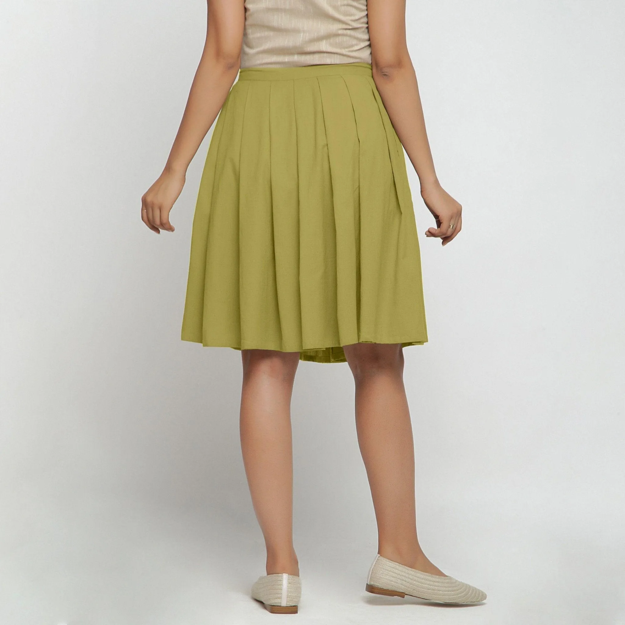 Olive Green Cotton Flax Pleated Knee Length Skirt