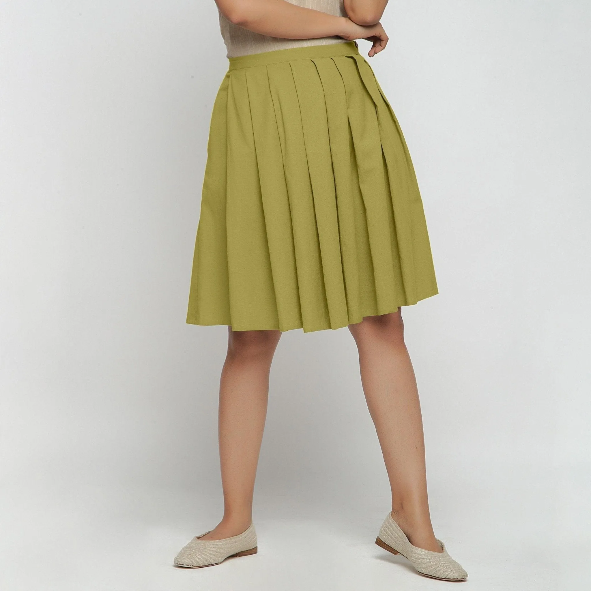 Olive Green Cotton Flax Pleated Knee Length Skirt