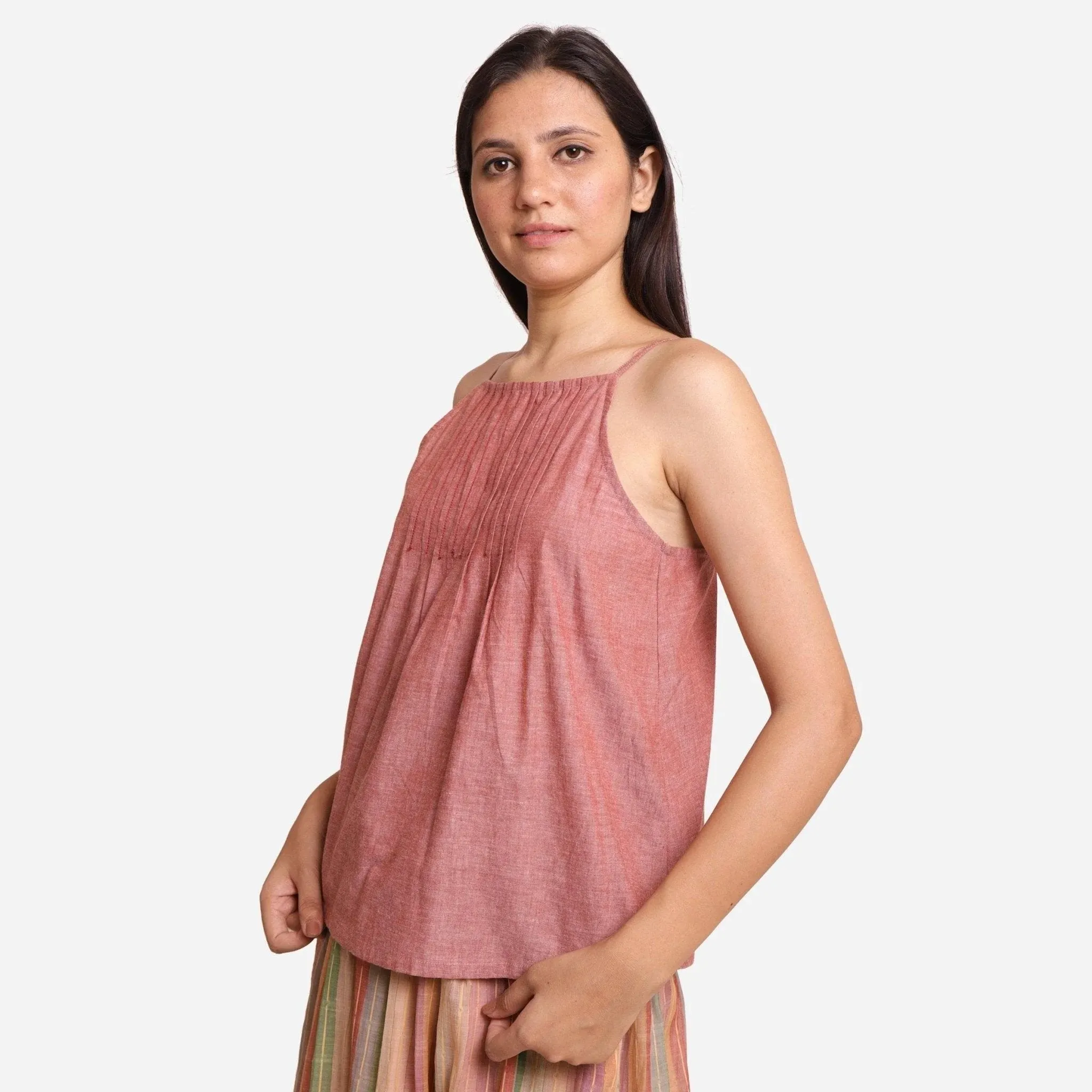 Peach Mangalgiri Cotton Flared Spaghetti Top