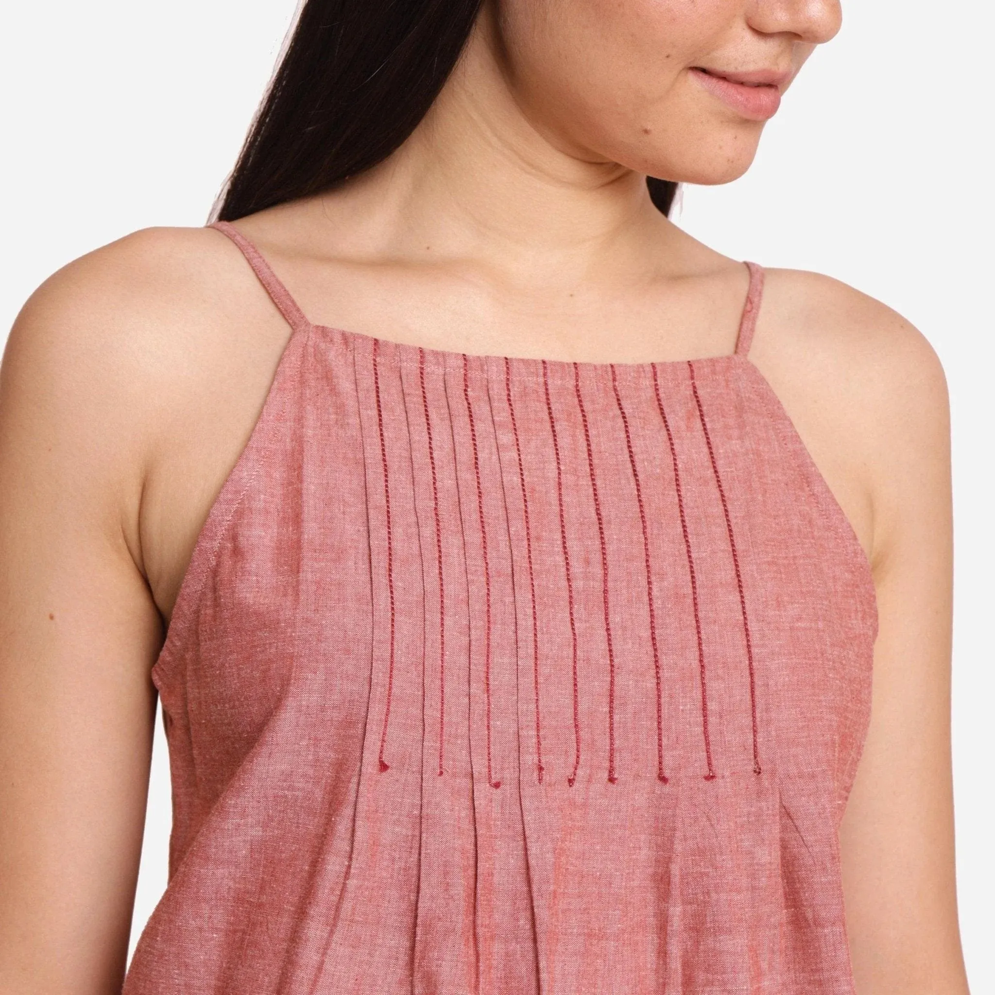 Peach Mangalgiri Cotton Flared Spaghetti Top