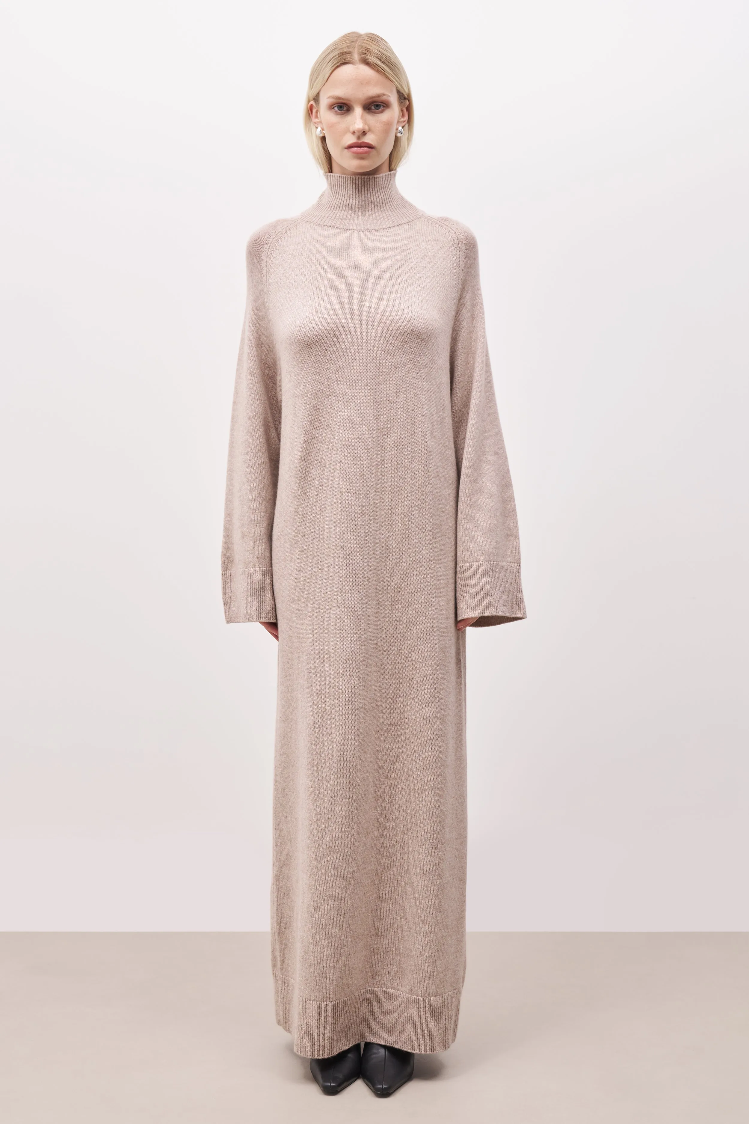 Relaxed High Neck Cashmere Blend Maxi Dress - Stone