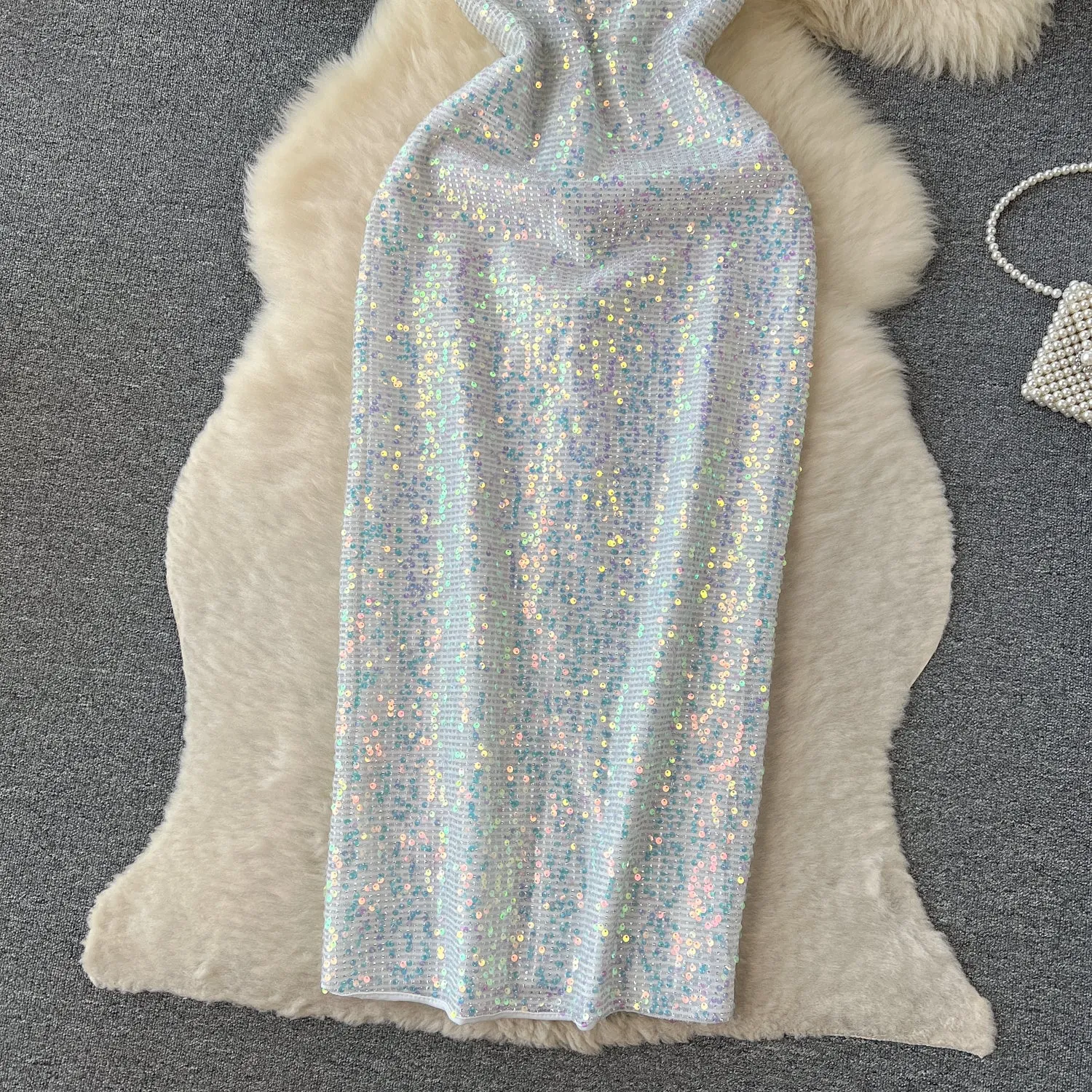 Shiny Silver Sequin Slip Dress