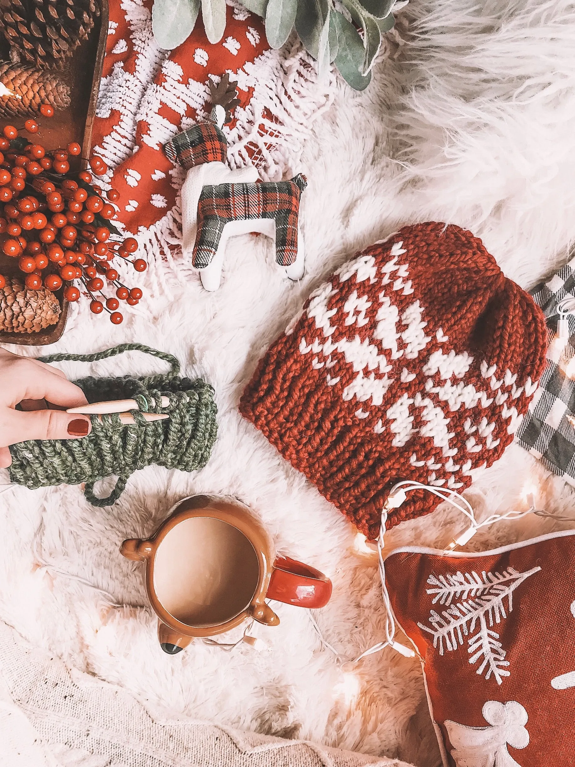 Snowflake Fair Isle Knit Beanie Adult Knitted Hat // Yarn Pom Pom