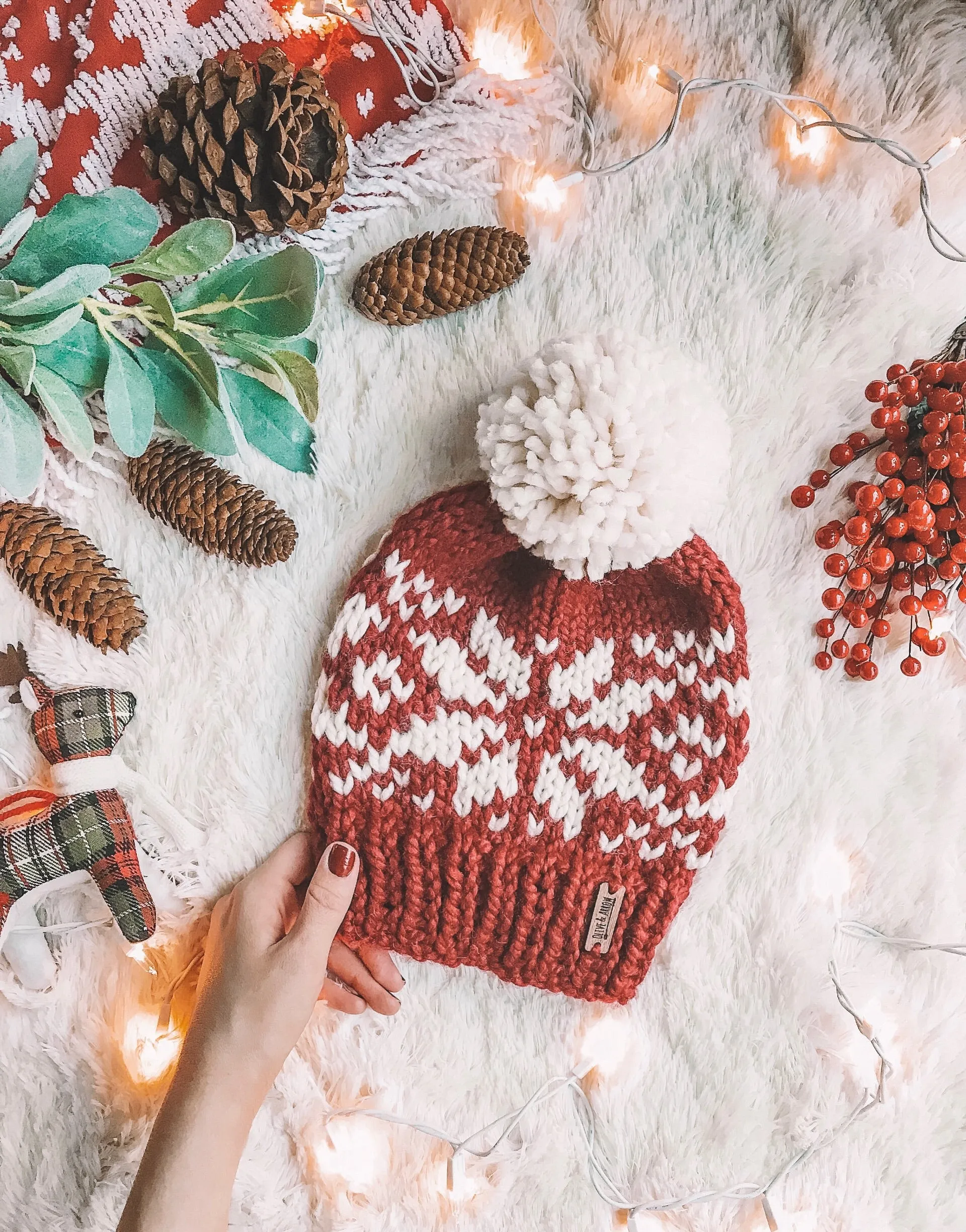 Snowflake Fair Isle Knit Beanie Adult Knitted Hat // Yarn Pom Pom