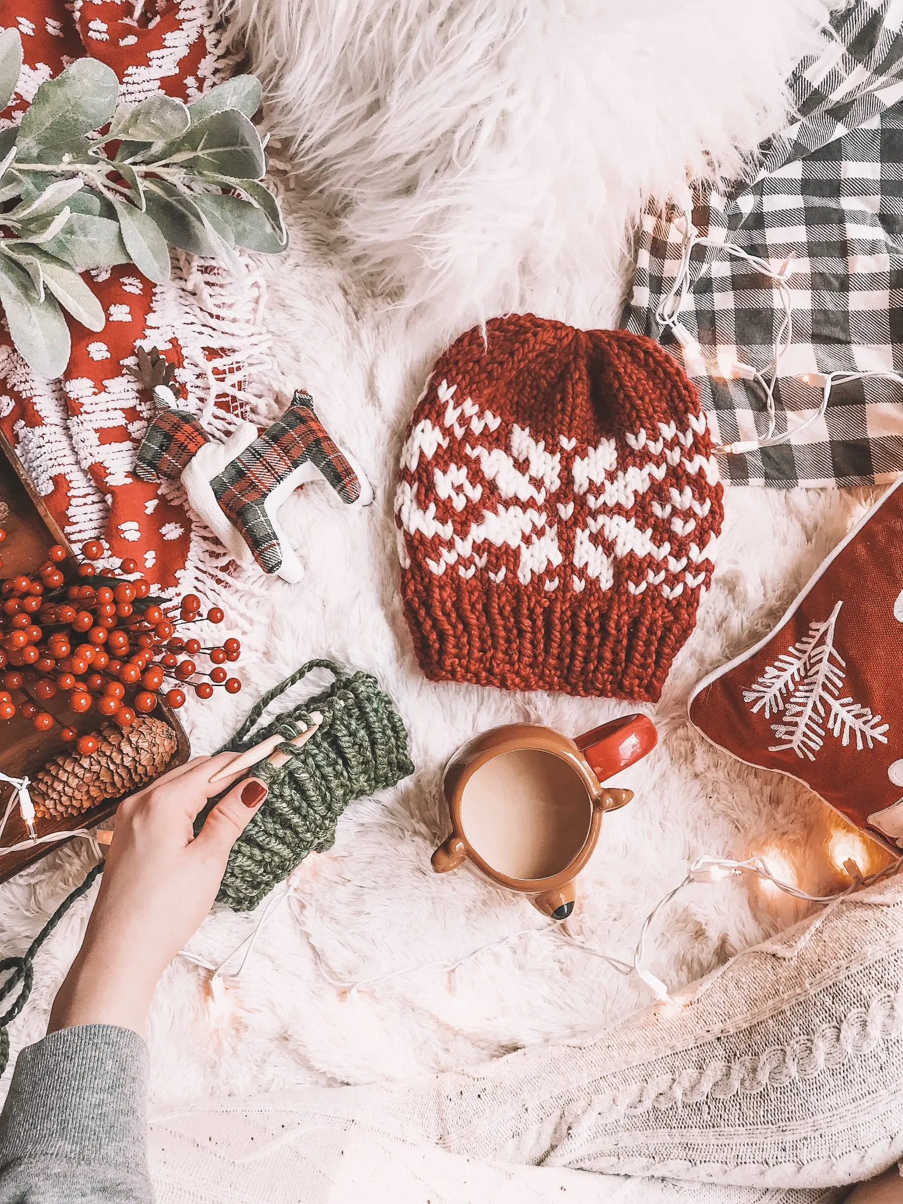 Snowflake Fair Isle Knit Beanie Adult Knitted Hat // Yarn Pom Pom