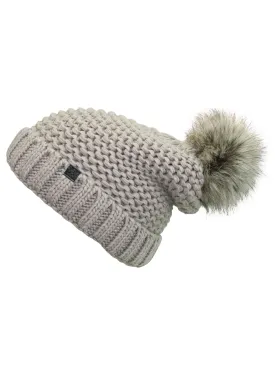 Taupe Winter Knit Beanie Hat With Faux Fur Pom Pom