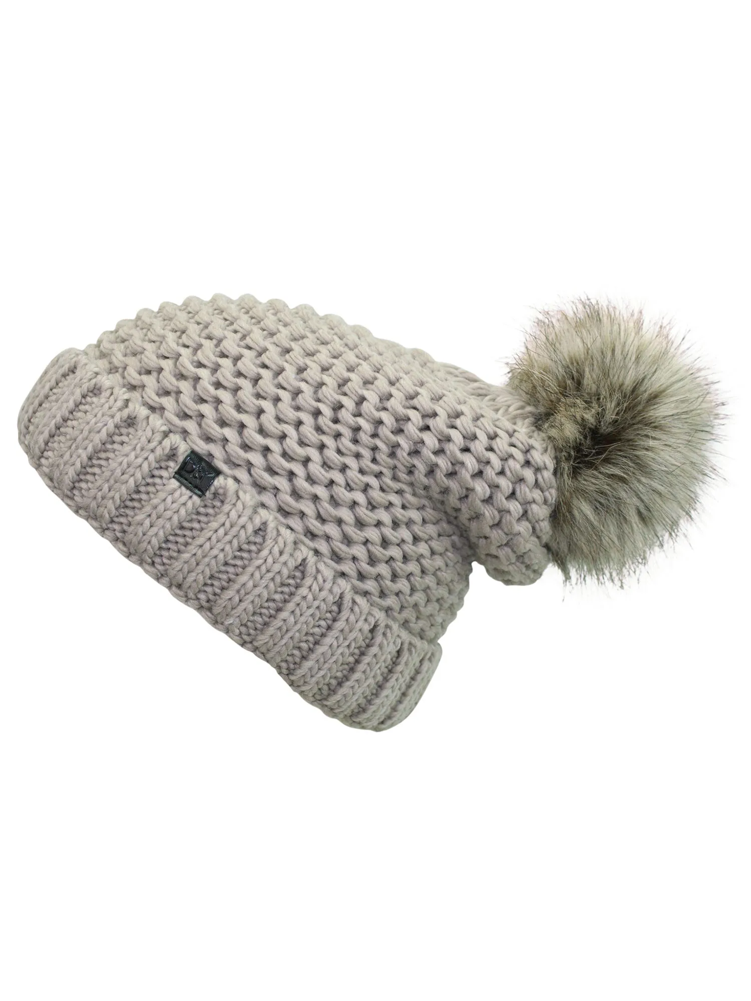 Taupe Winter Knit Beanie Hat With Faux Fur Pom Pom