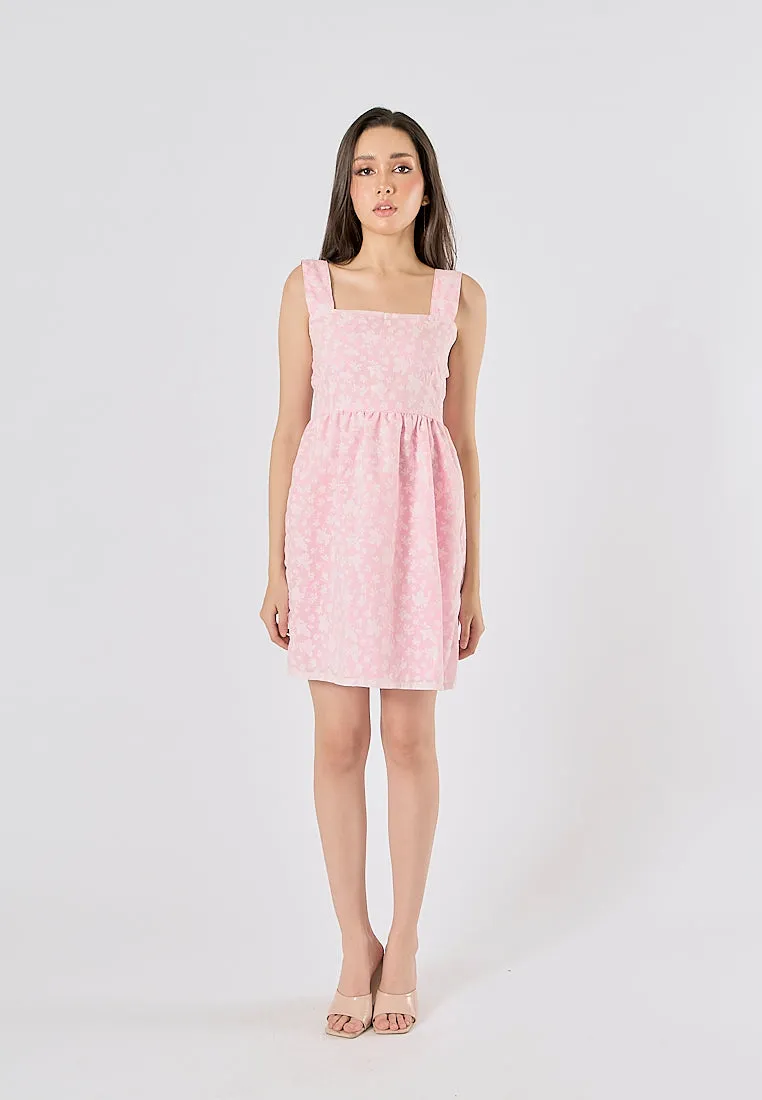 Velour Blush Pink Floral Print Square Neck Mini Dress