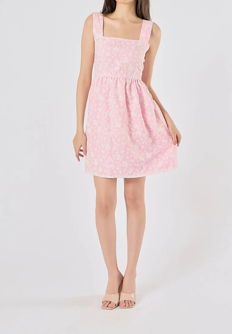 Velour Blush Pink Floral Print Square Neck Mini Dress