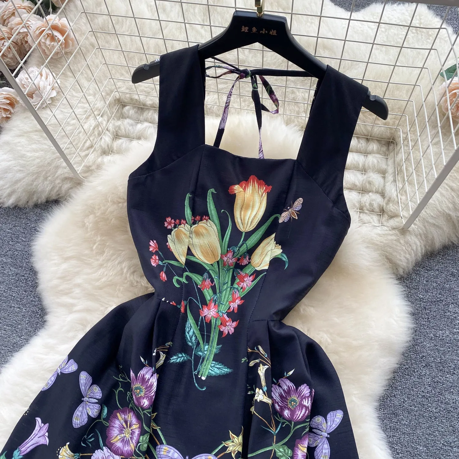 Vintage Lace-up Sleeveless Black Floral Dress