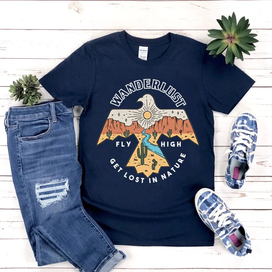 Wanderlust T Shirt In White Beige Or Gray Southwestern Thunderbird "Get Lost In Nature" Desert Mountains Cactus Sunset Graphics Sizes XS Small Medium Large Or XL