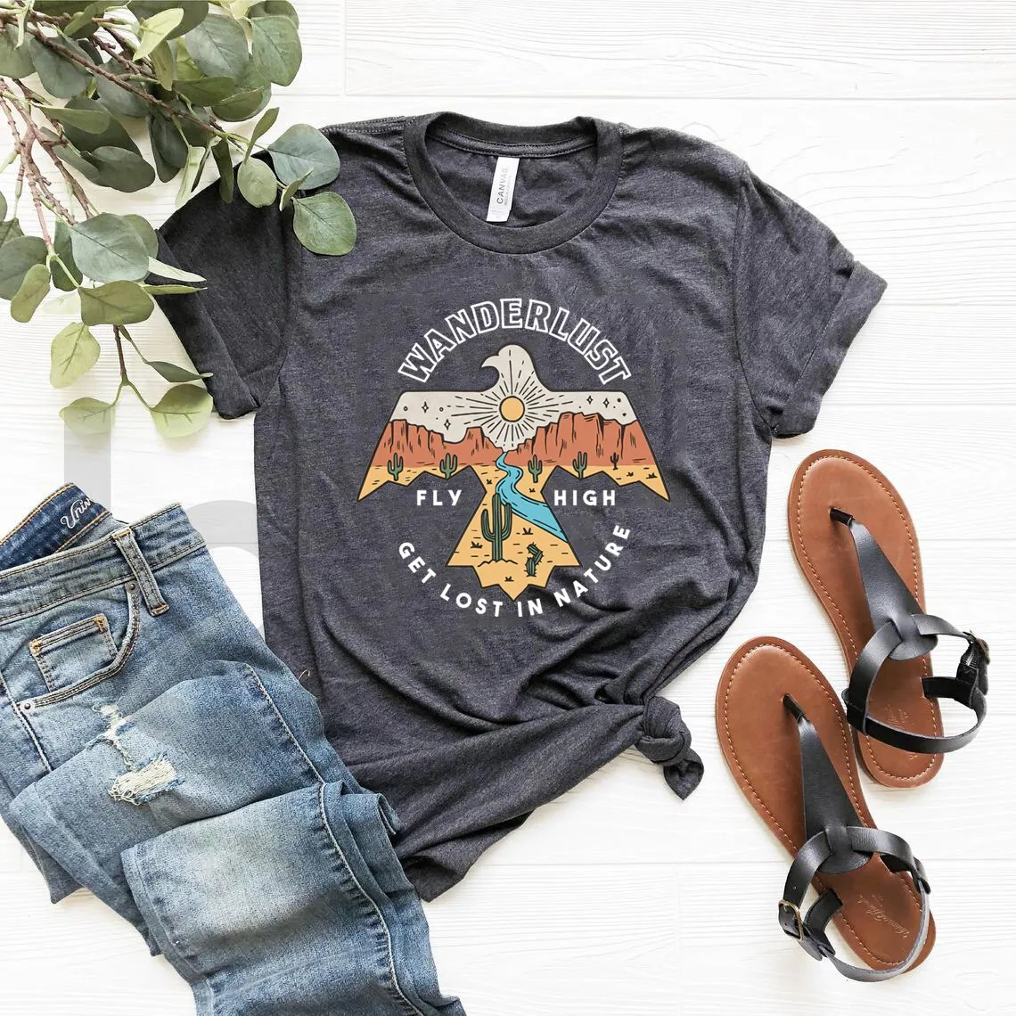 Wanderlust T Shirt In White Beige Or Gray Southwestern Thunderbird "Get Lost In Nature" Desert Mountains Cactus Sunset Graphics Sizes XS Small Medium Large Or XL