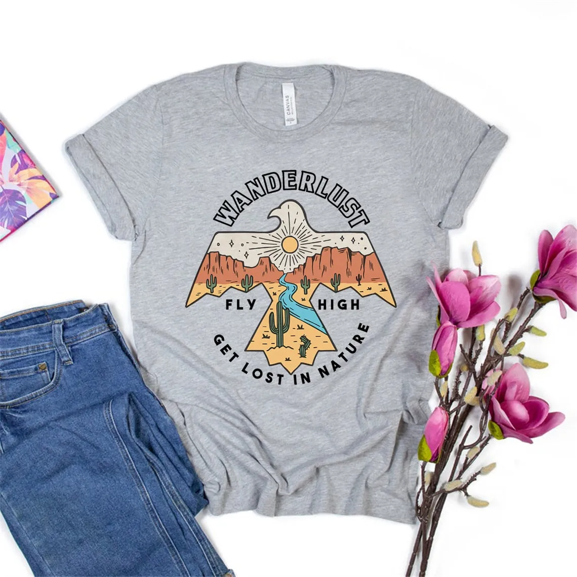 Wanderlust T Shirt In White Beige Or Gray Southwestern Thunderbird "Get Lost In Nature" Desert Mountains Cactus Sunset Graphics Sizes XS Small Medium Large Or XL