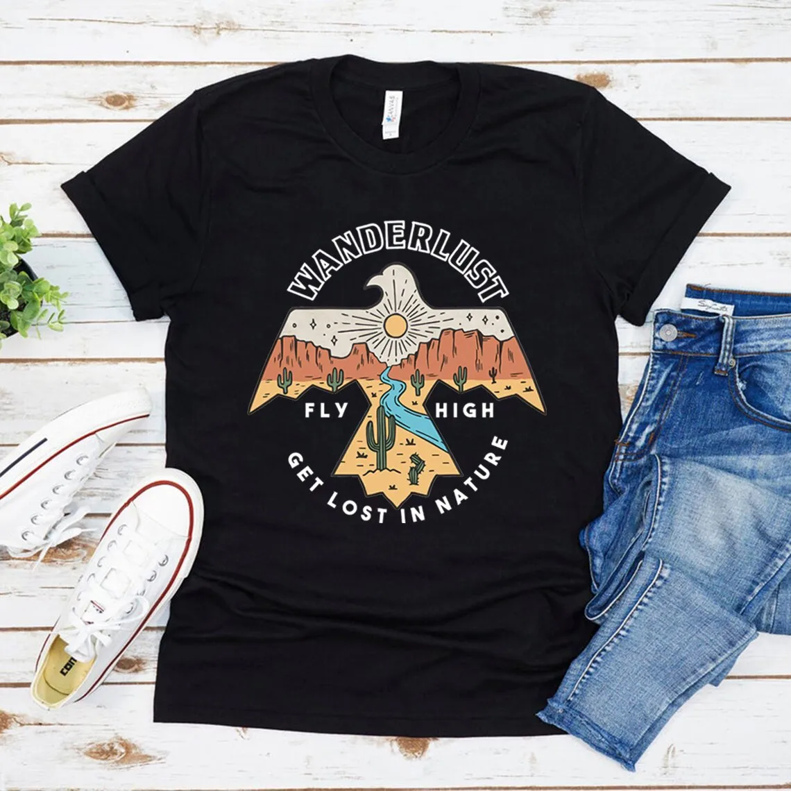 Wanderlust T Shirt In White Beige Or Gray Southwestern Thunderbird "Get Lost In Nature" Desert Mountains Cactus Sunset Graphics Sizes XS Small Medium Large Or XL