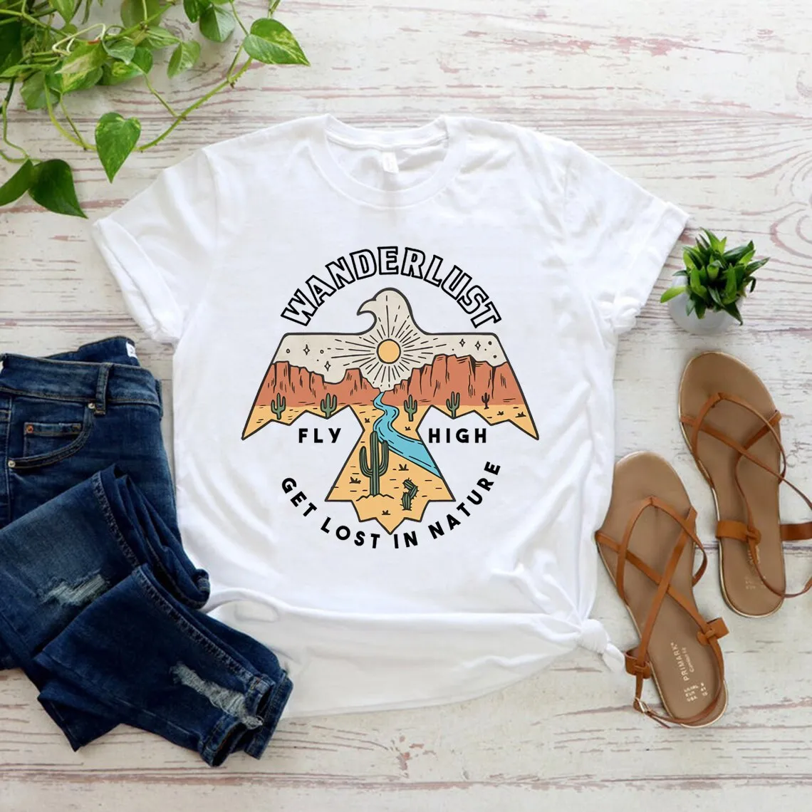 Wanderlust T Shirt In White Beige Or Gray Southwestern Thunderbird "Get Lost In Nature" Desert Mountains Cactus Sunset Graphics Sizes XS Small Medium Large Or XL