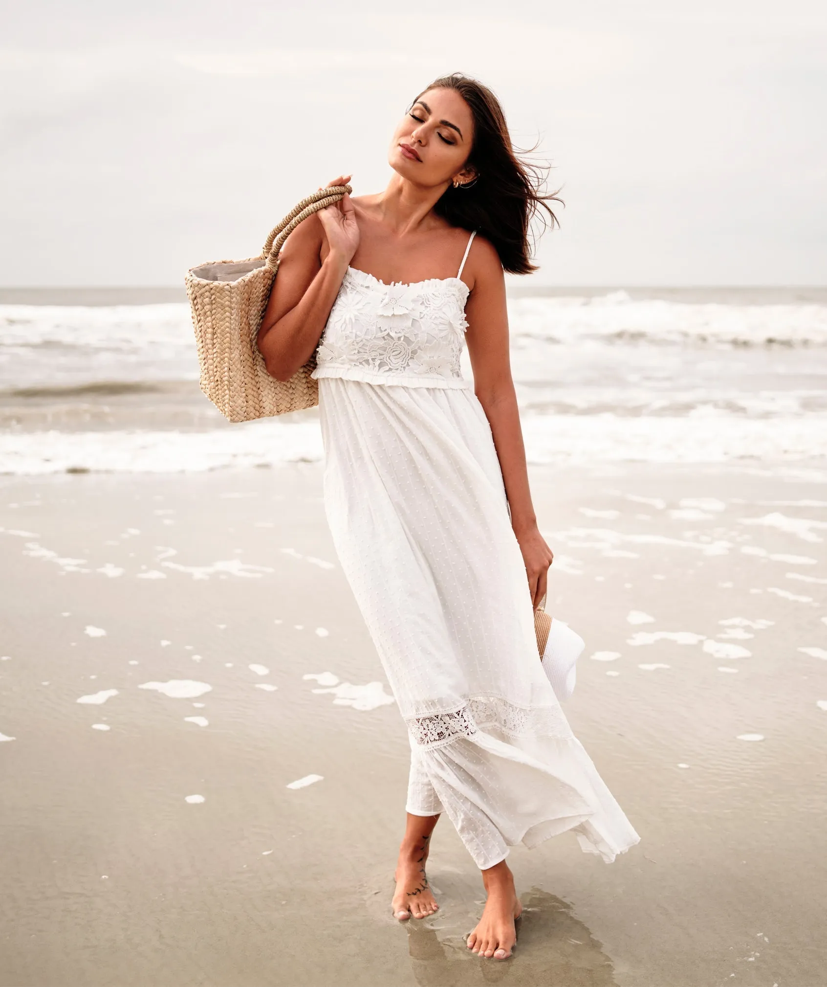 White Cotton Spaghetti Straps Slip-on Maxi Dress