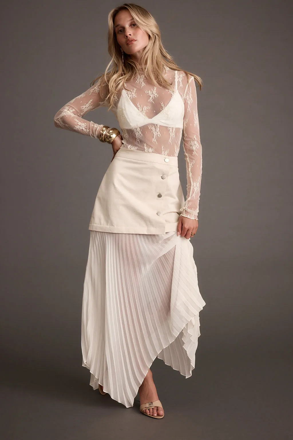 Whitney Bone Layered Pleated Maxi Skirt