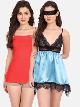 Women Satin Lace Babydoll Lingerie with G-string Panty Pack of 2 Sky-Blue Red