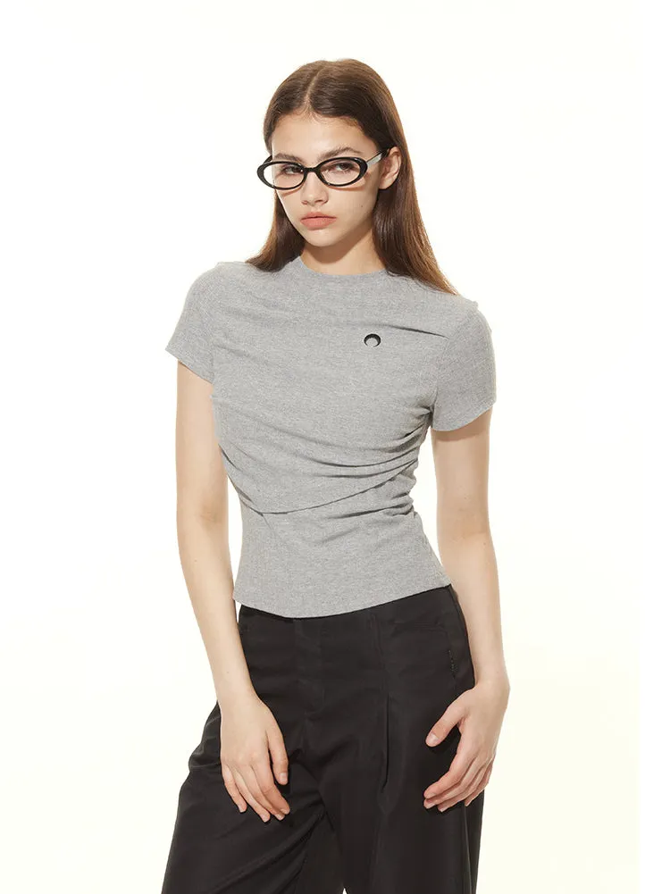 Women's Summer Pleated Solid Color Slim Fit Versatile Fashion Crew Neck Short Sleeve T-Shirt