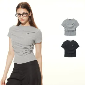 Women's Summer Pleated Solid Color Slim Fit Versatile Fashion Crew Neck Short Sleeve T-Shirt