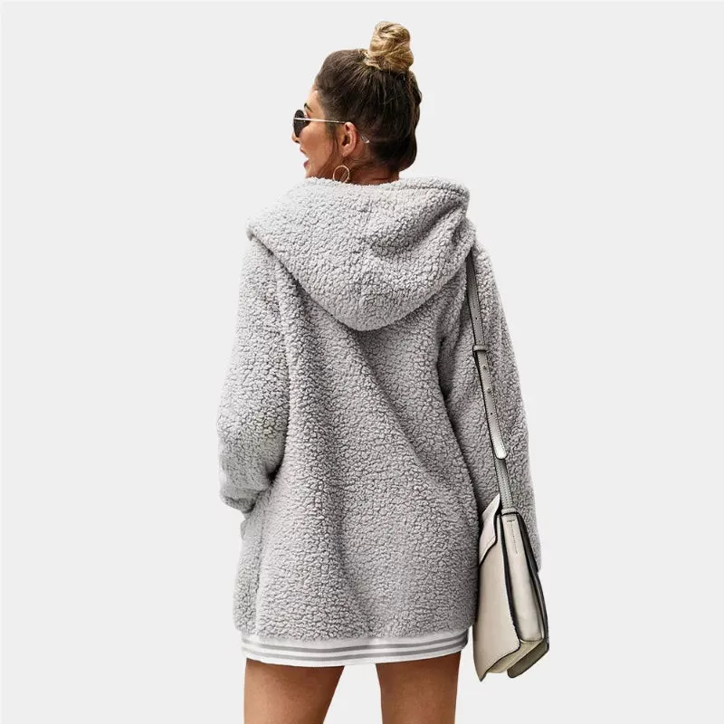 Zip Up Long Sherpa Jacket With Hood Fluffy Fleece in Grey