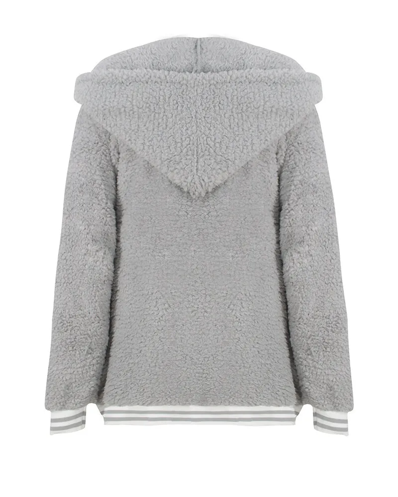 Zip Up Long Sherpa Jacket With Hood Fluffy Fleece in Grey