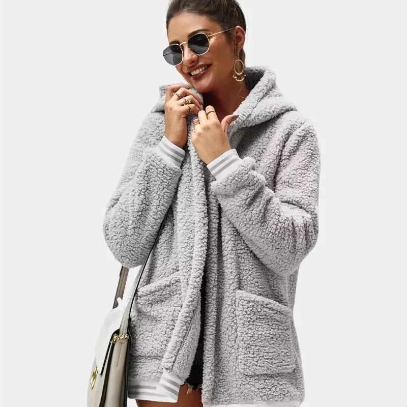 Zip Up Long Sherpa Jacket With Hood Fluffy Fleece in Grey